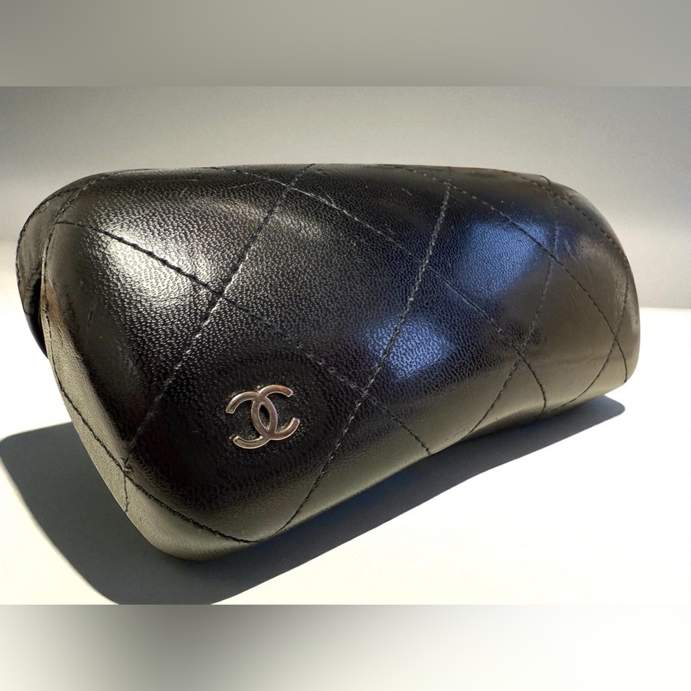 CHANEL Elegant Black Quilted Matelasse Glasses Case with silver tone CC logo